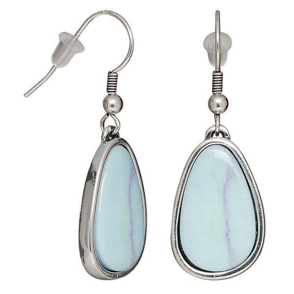 Earring, resin with silver-plated brass and "pewter" (zinc-based alloy), blue and green, 1-3/4 inches with teardrop and fishhook ear wire. Sold per pair. image number 0