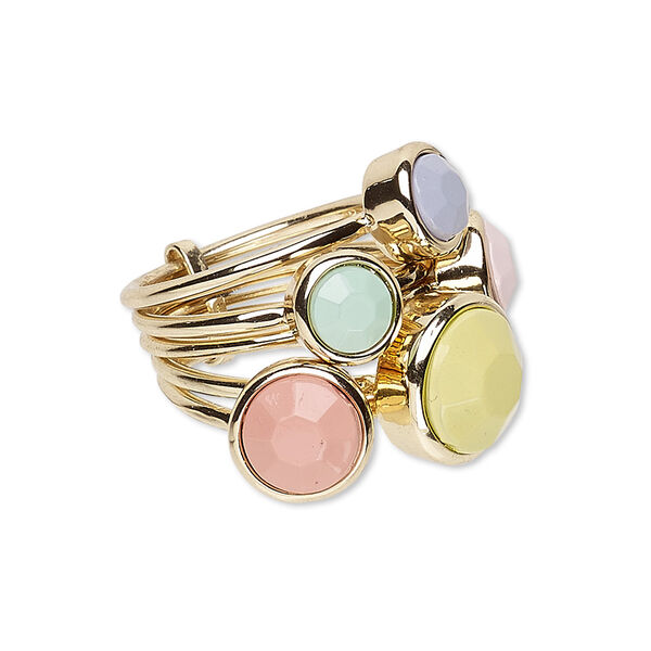 Ring, acrylic and gold-finished "pewter" (zinc-based alloy), pastel colors, 17mm wide, size 7-8. Sold individually. image number 0