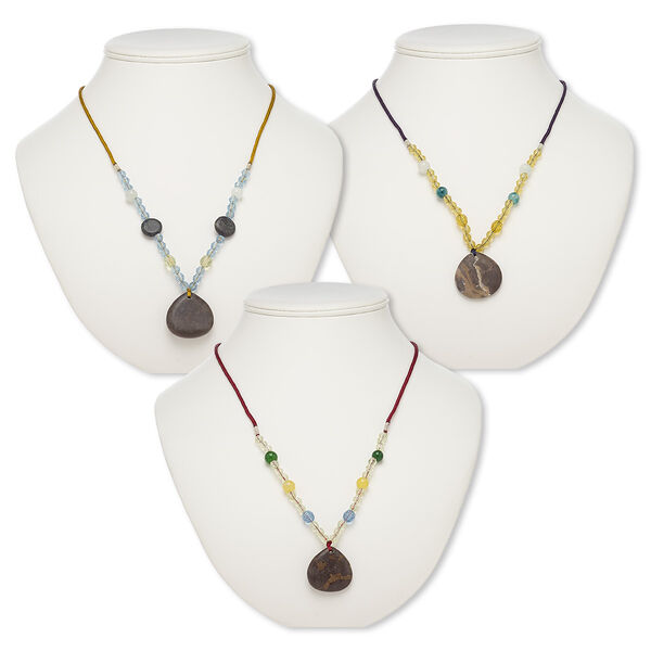 Necklace mix, portoro marble / multi-gemstone (natural / dyed) / nylon / acrylic / glass, multicolored, 29x28mm-31x30mm teardrop, 20- to 24-inch continuous loop. Sold per pkg of 3. image number 0