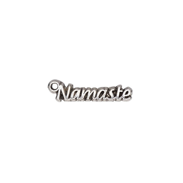 Charm, pewter (tin-based alloy), pkg/1, antique silver plate, 18.5x5mm single-sided "Namaste." image number 0