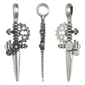 Pendant, Powerful Pewter Pendants, antiqued pewter (tin-based alloy), 62x21mm 3D steampunk dagger with 6mm hole. Sold individually.