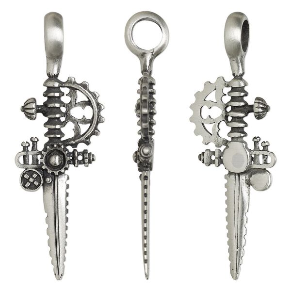 Pendant, Powerful Pewter Pendants, antiqued pewter (tin-based alloy), 62x21mm 3D steampunk dagger with 6mm hole. Sold individually. image number 0