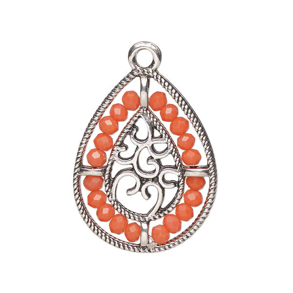 Drop, antique silver-finished "pewter" (zinc-based alloy), salmon pink, 27.5 x 21.5mm teardrop with hearts and beaded border. Sold per pkg of 2. image number 0