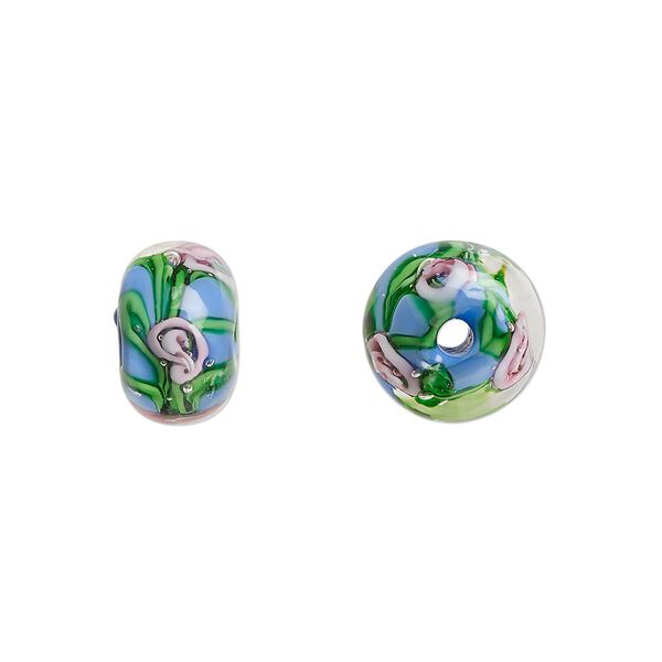 Bead, lampworked glass, opaque medium blue and multicolored, 12x8mm rondelle with rose. Sold per pkg of 4. image number 0