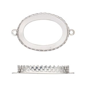 Link, sterling silver, 26x19.5mm oval with decorative trim and open back with 25x18mm oval cabochon bezel setting. Sold individually.