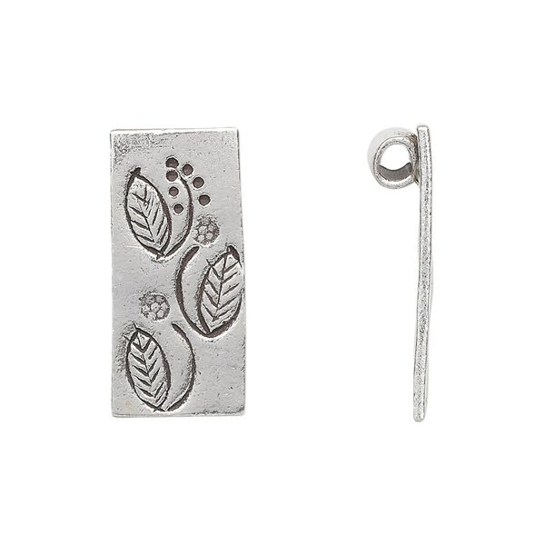 Drop, Hill Tribes, antiqued sterling silver, 23x11mm rectangle with leaf design. Sold individually. image number 0