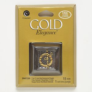 Clasp, toggle, lacquer and gold-plated copper, 15.5mm flat hammered round. Sold individually.