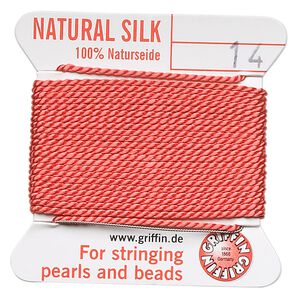 Thread, Griffin, silk, coral, size #14. Sold per 2-meter card (approximately 78 inches).