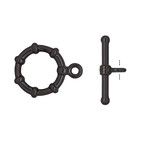 Clasp, toggle, electro-coated "pewter" (zinc-based alloy), black, 12mm beaded round. Sold per pkg of 2. image number 0