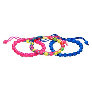 Bracelet, nylon and acrylic, blue / neon pink / multicolored, 9mm wide with 8mm round, adjustable from 6-1/2 to 9 inches with wrapped knot closure. Sold per pkg of 3.