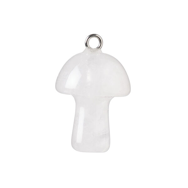 Drop, snow quartz (natural) and imitation rhodium-plated brass, 20x15mm hand-carved 3D mushroom. Sold individually. image number 0