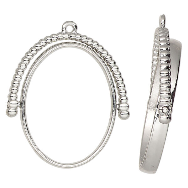 Focal, silver-finished "pewter" (zinc-based alloy), 34x30mm open oval with rotating center and beaded top. Sold per pkg of 2. image number 0