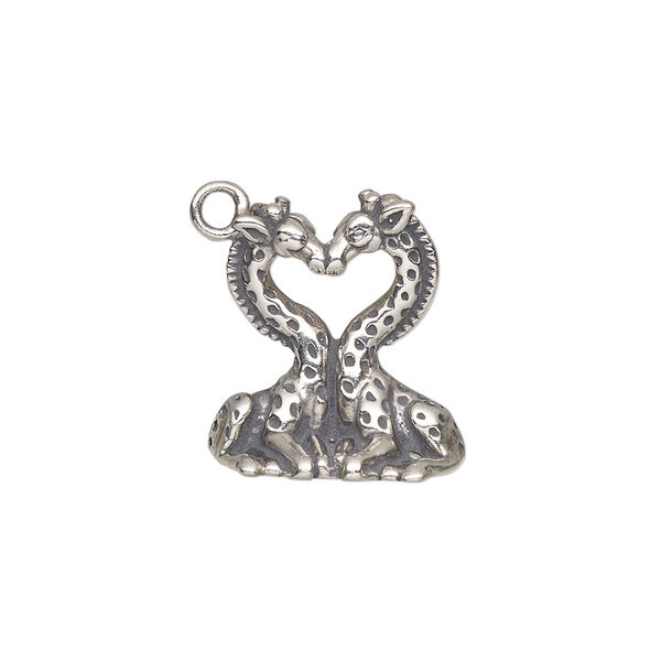 Charm, antiqued sterling silver, 19x17mm single-sided kissing giraffes. Sold individually. image number 0