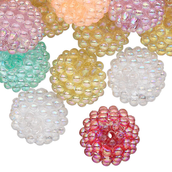 Bead mix, acrylic, assorted colors AB, 15mm round with razzleberry design. Sold per pkg of 50. image number 0