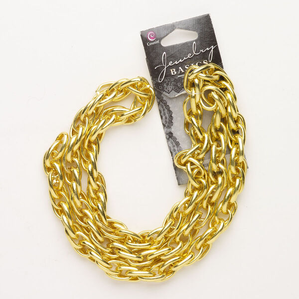 Chain, steel, pkg/25 inches, gold finish, 9mm double oval rolo. image number 0