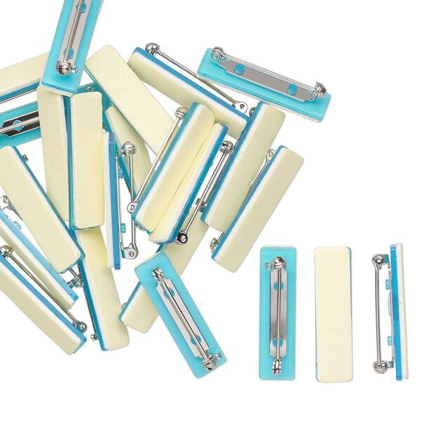 Badge pin, silver-finished steel and plastic, blue, adhesive back, 36x10mm rectangle. Sold per pkg of 25. image number 0