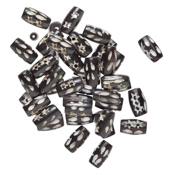 Bead, bone (dyed), black and white, 12x7mm pierced barrel with 3 holes, Mohs hardness 2-1/2. Sold per pkg of 20. image number 0