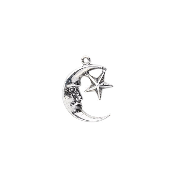 Charm, antiqued sterling silver, 14x12mm moon face with star. Sold individually. image number 0