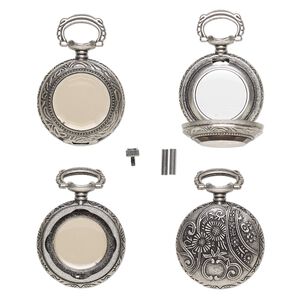 Watch body, acrylic and antique silver-finished "pewter" (zinc-based alloy), transparent brown, 41x27mm with 27mm round and floral design. Sold per 5-piece set.