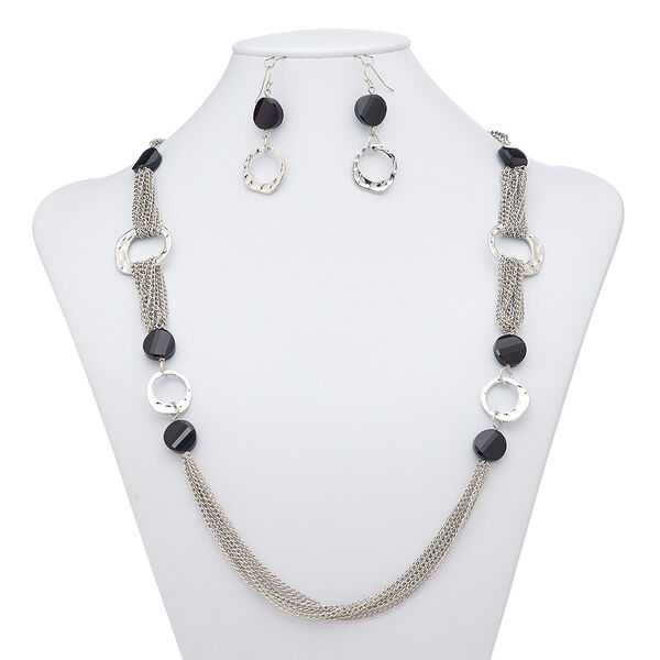 Necklace and earring set, glass / imitation rhodium-plated steel / brass / "pewter" (zinc-based alloy), black, round go-go, 36-inch necklace with lobster claw clasp, 2-1/4 inch earrings with fishhook ear wire. Sold per set. image number 0