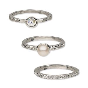 Ring, glass rhinestone / glass pearl / rhodium-finished "pewter" (zinc-based alloy), clear AB and mauve, 2mm wide with 4mm faceted round / 2mm wide textured / 2mm wide textured with 6mm round, size 8. Sold per 3-piece set.