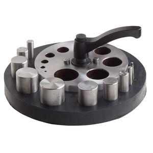 Disc cutter, steel and rubber, black and silver, 7-1/4 inch round base for cutting 3-31.6mm rounds. Sold per 12-piece set.