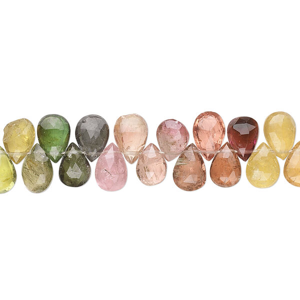 Bead, multi-tourmaline (natural), 6x4mm-8x6mm hand-cut top-drilled faceted puffed teardrop, B- grade, Mohs hardness 7 to 7-1/2. Sold per 8-inch strand, approximately 50-60 beads. image number 0