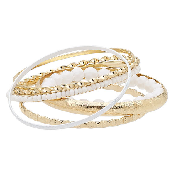 Bracelet, bangle and stretch, enamel / acrylic / glass / gold-finished steel, white, 3-8mm wide, 6-1/2 to 8 inches. Sold per 7-piece set. image number 0