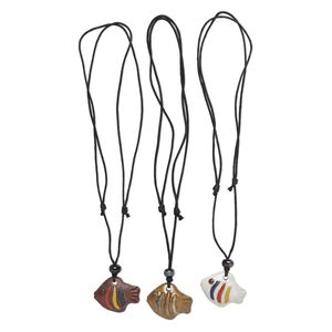 Necklace, porcelain and waxed cotton cord (dyed), multicolored, 41x33mm-41x34mm single-sided hand-painted textured fish, adjustable 16 to 32 inches. Sold per pkg of 3.