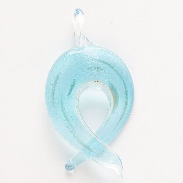 Focal, lampworked glass, pkg/1, transparent light blue with silver-colored foil and copper-colored glitter, 55x30-57x35mm ribbon. image number 0
