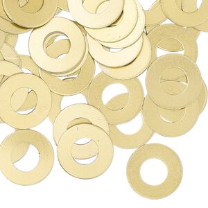 Washer, anodized aluminum, gold, 13mm double-sided flat round blank with 6mm hole, 20 gauge. Sold per pkg of 100.