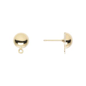 Earstud 1pkg100 gold-plated, 8mm half-ball / closed loop, brass / stainless steel 50 pair