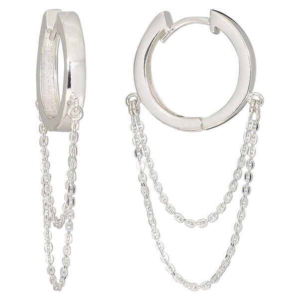 Earring hoop 1pkg2 sterling silver, 17mm round / 23mm drape / 1mm chain / square tube / hinged, 18 gauge 1 pair image number 0