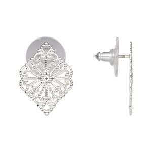 Earring 1pkg2 silver-plated, 21x15mm filigree diamond, brass / stainless steel 1 pair