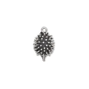 Charm, antiqued sterling silver, 13x11mm 3D hedgehog. Sold individually.