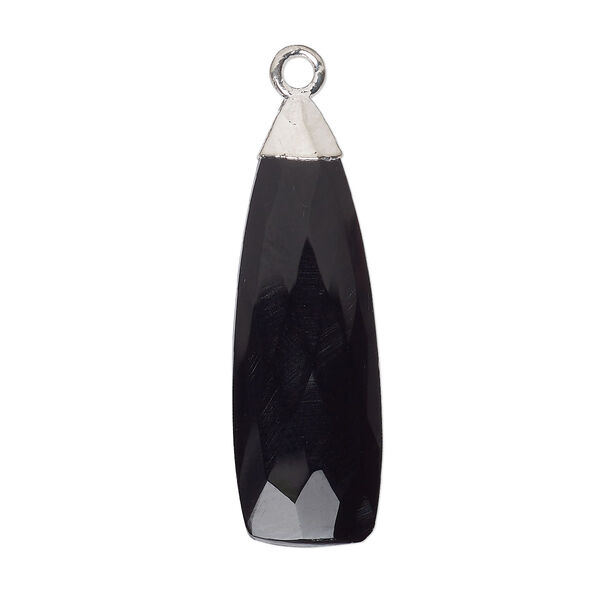 Drop, black onyx (dyed) and sterling silver, 28x9mm faceted hand-cut paddle. Sold individually. image number 0
