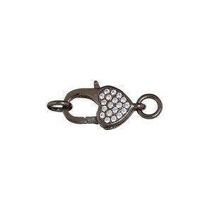 Clasp lobster claw 1pkg1, 15x9mm double-sided / 5mm jump ring, black-finished brass / cubic zirconia clear 1-strand