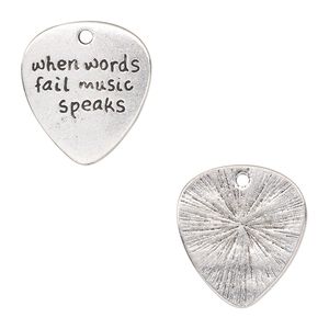 Charm, antique silver-finished "pewter" (zinc-based alloy), 24x22mm single-sided flat pick with "when words fail music speaks." Sold per pkg of 2.