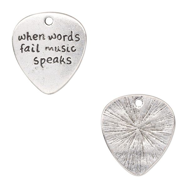 Charm, antique silver-finished "pewter" (zinc-based alloy), 24x22mm single-sided flat pick with "when words fail music speaks." Sold per pkg of 2. image number 0