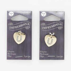 Charm, gold-finished "pewter" (zinc-based alloy) / steel / acrylic rhinestone, clear, 15.5x15mm single-sided puffed heart with letter "U." Sold per pkg of 2.