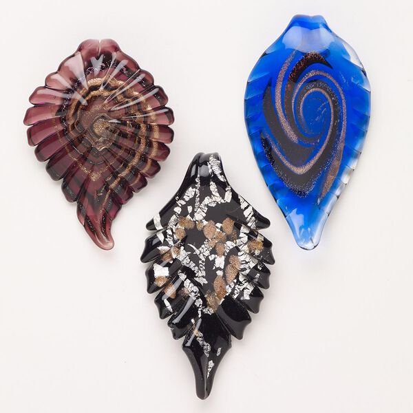 Random focal mix, lampworked glass, opaque and translucent mixed colors with silver-colored foil and copper-colored glitter, 60x39mm-71x46mm textured leaf. Sold per pkg of 3. image number 0