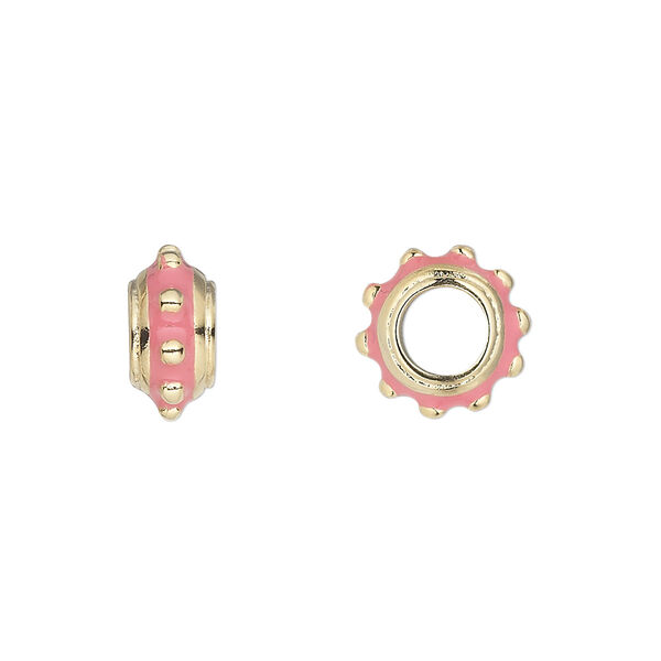 Bead, Dione®, gold-finished "pewter" (zinc-based alloy) and enamel, pink, 12x6mm beaded rondelle with 5mm hole. Sold individually. image number 0