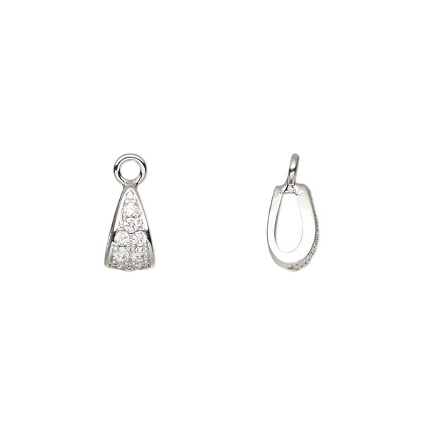 Bail, cubic zirconia and silver-finished brass, clear, 9x5mm single-sided with loop. Sold individually. image number 0