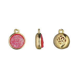 Drop, Druzylite™, "druzy" (resin) and gold-finished brass, hot pink, 9.5mm two-sided round with open filigree back. Sold per pkg of 4.