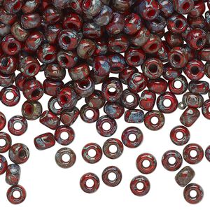 Seed bead, Miyuki, glass, pkg/250g, #6 rocaille, opaque Picasso red, (RR-4513).