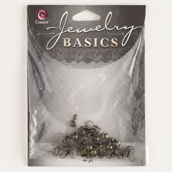 Bead tip, antique brass-finished steel, 9x3.5mm bottom clamp-on with open loop. Sold per pkg of 40. image number 0