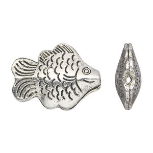 Bead, antique silver-plated "pewter" (zinc-based alloy), 26x19mm hollow fish. Sold per pkg of 10.