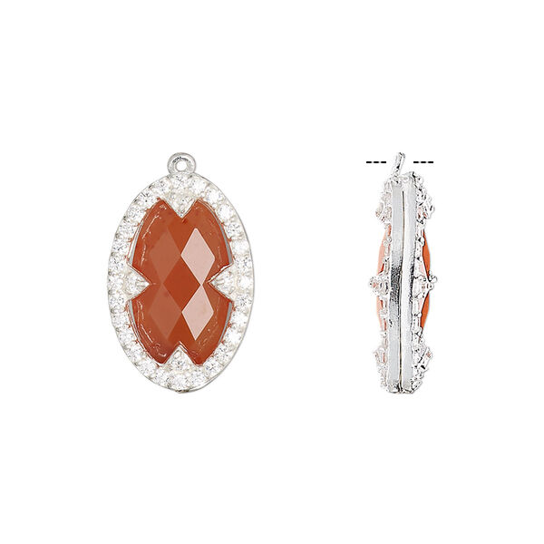 Drop, carnelian (dyed / heated) / cubic zirconia / sterling silver, clear, 18x12mm double-sided faceted oval. Sold individually. image number 0