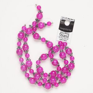 "Pewter" (zinc-based alloy) / crackle glass 1pkg1, round bead / flower bead cap 27-1/2 inch antique silver-finished / pink 8mm / 12mm / 8.5mm