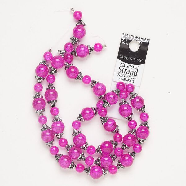 "Pewter" (zinc-based alloy) / crackle glass 1pkg1, round bead / flower bead cap 27-1/2 inch antique silver-finished / pink 8mm / 12mm / 8.5mm image number 0